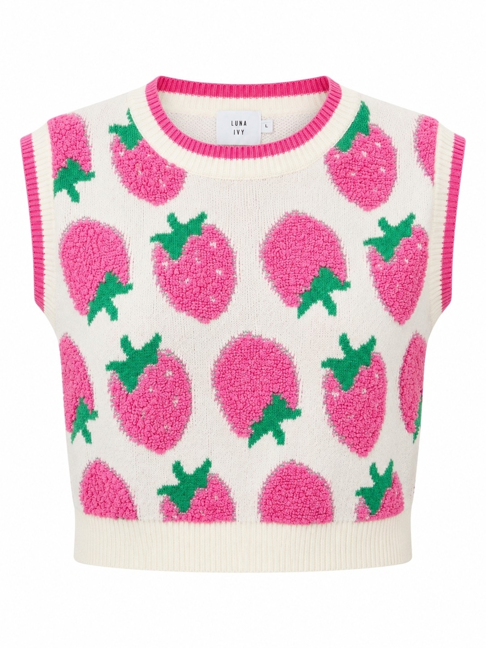 LUNA IVY | 3D Pink Strawberry Cropped Sweater Vest Coquette Cottagecore | L